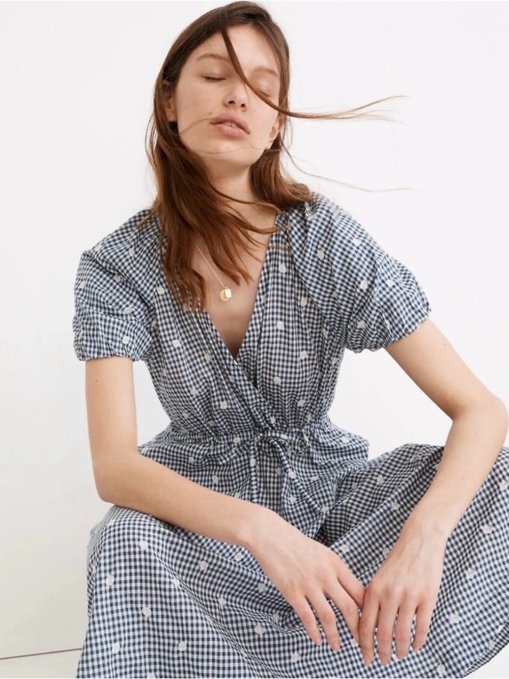 Madewell Blue Gingham Tie-Waist Midi Dress